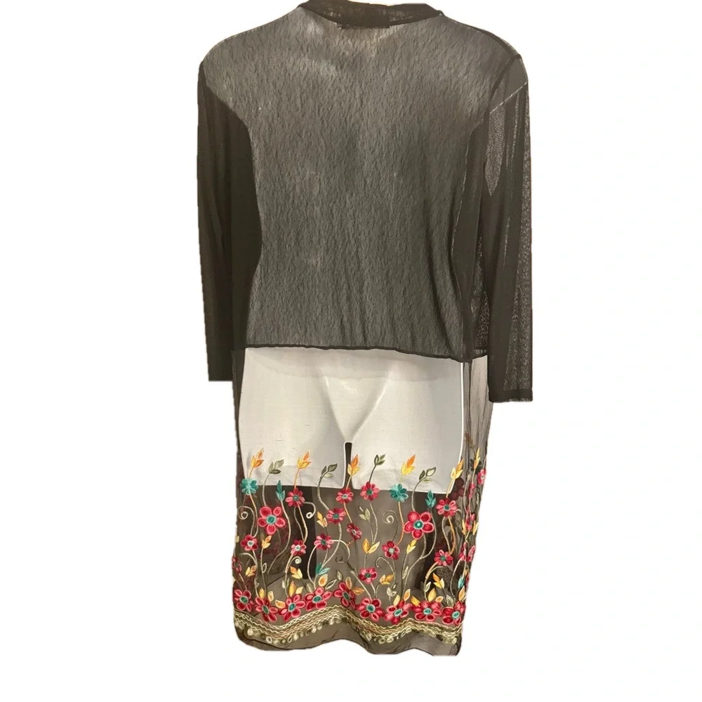 Black Sheer Kimono Duster Floral Embroidery - Picture 4 of 6